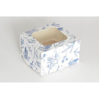 Коробка на 4 кекса квадратная с окошком (17*17*10 см), Синий иней