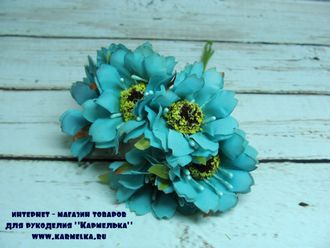 Цветы №101, диаметра цветка 3-3,5см, в букете 6 цветочков, шелк сырец, цвет бирюза, 48р/уп