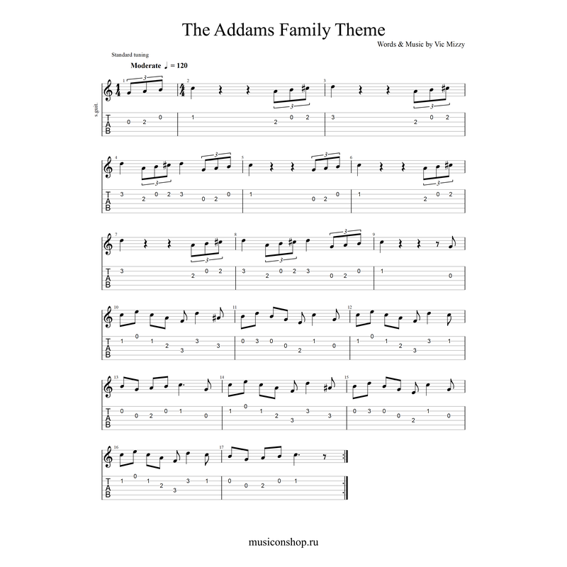 addams family семейка адамс тема из сериала ноты с табулатурами для гитары