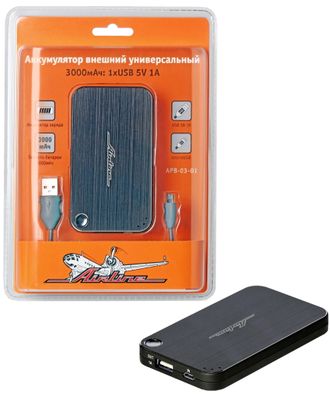 Аккумулятор внешний универсальный AIRLINE 3000мАч: 1хUSB 5V 1A