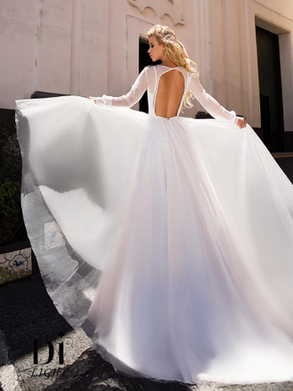 Свадебное белое платье с рукавами и серой вышивкой "Salma" Diantamo прокат Уфа