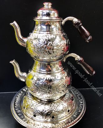 Чайник двойной медный с подставкой для подогрева (çaydanlık), большой, цвет «серебро», Турция