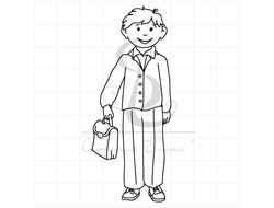 Штамп мальчик ученик в костюме с портфелем в руках
