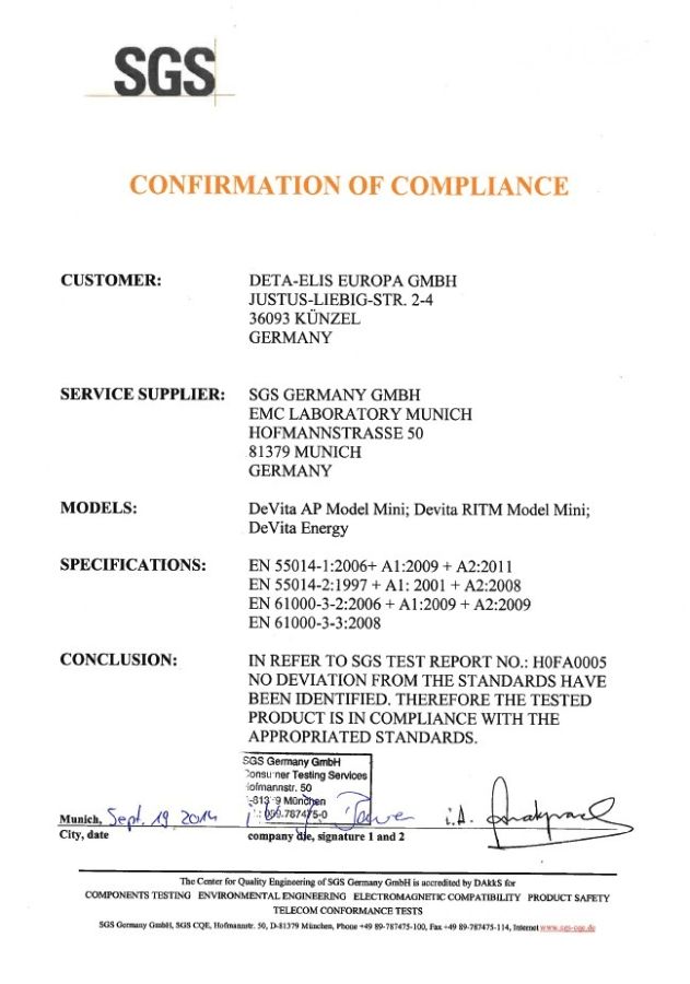 Компания SGS. Сертификат соответствия на устройства DeVita серии mini