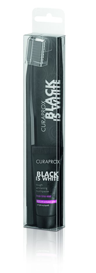 Набор черный: зубная паста отбеливающая Black is White (мини-версия) со вкусом лайма (8 мл) + зубная щетка CS 5460 Ultra Soft черного цвета, Curaprox.