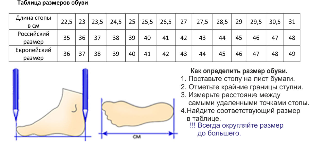 Таблица размеров обуви