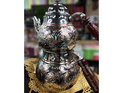 Чайник медный двойной (çaydanlık), большой, цвет «серебро с медью», Турция