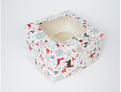 Коробка на 4 кекса квадратная с окошком (17*17*10 см), Олени