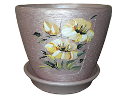 Розовый оригинальный керамический цветочный горшок диаметр 12 см с рисунком цветок
