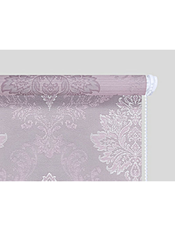 Укомплектованная рулонная штора в классическом стиле с вензелями. Цвета: лиловый, бежевый, серый