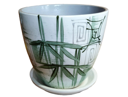 Белый с зеленым оригинальный керамический цветочный горшок с рисунком "бамбук" диаметр 21 см