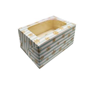 Коробка на 2 кекса с окном (17*11,5*8,5 см), Снежинки с голубой полоской