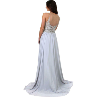 Серое вечернее платье с расшитым камнями и бисером верхом с разрезом Terani Couture "Spencer"