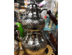 Чайник медный двойной (çaydanlık), большой, цвет «серебро», Турция