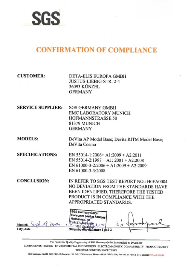 Компания SGS. Сертификат соответствия на устройства DeVita серии base