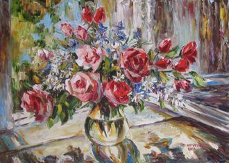 Натюрморт Розы и ромашки на окне Круглова Светлана