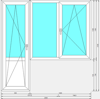 Балконный блок с двустворчатым окном с поворотно-откидной створкой и поворотно-откидной дверью с непрозрачным сэндвичем снизу