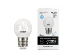 Лампа светодиодная Gauss Elementary Шар G45 E27 6W(470lm) 6500K 6K 83x45 матовая, пластик/алюм. 53236