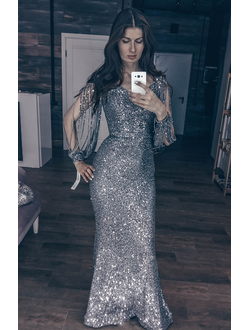 Вечернее силуэтное платье цвета метталик с рукавом-бахромой "Элла" прокат Уфа