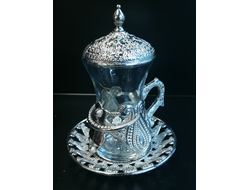 Стаканы для чая с крышкой (армуды), подарочный набор 6 шт. с блюдцем, декор &quot;серебро&quot;, Турция