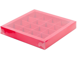 Коробка на 16 конфет 20*20*3 см,  с пластиковой крышкой и с разделителями, Ярко-Розовая