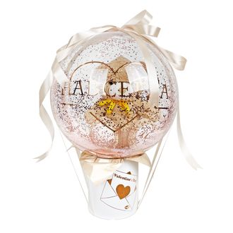 Композиция с мишкой в прозрачном шаре и надписью розовое золото "Навсегда в моем сердце", белой коробкой