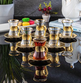 Стаканы для чая (армуды), подарочный набор на 6 персон с круглым блюдцем, декор &quot;Золото&quot;, Sena, Турция