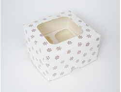 Коробка на 4 кекса квадратная с окошком (17*17*10 см), Снежинки