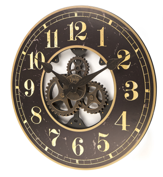Часы с состаренным коричневым циферблатом и вращающимися шестеренками по центру.