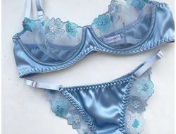 Clarissa blue silk flowered lace