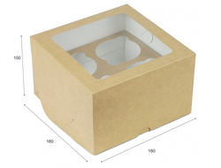 Коробка тонкая на 4 капкейка с Квадратным Окном, КРАФТ, 16*16*10 см