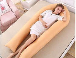 Длинная подушка для беременных на молнии с ластовицей U maxi 400 см био пух с наволочкой на молнии сатин персик