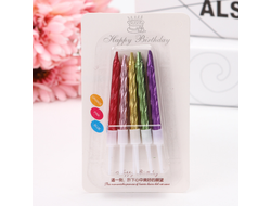 Свечи в торт ВИТЫЕ с подставкой НИЗКИЕ 7 см, 10 шт, РАЗНОЦВЕТНЫЕ глянцевые