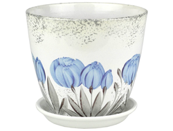 Белый с синим керамический горшок для цветов диаметр 18 см с рисунком "Подснежник"