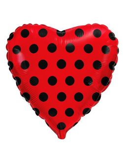 Фольгированный шар с гелием "Красное сердце в черный горох" 45 см