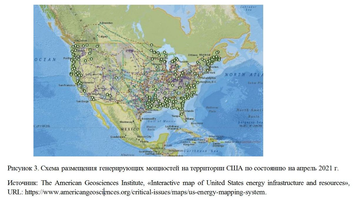 Схема размещения генерирующих мощностей на территории США по состоянию на апрель 2021 г.