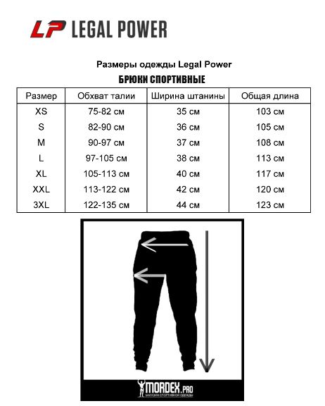 Таблица размеров брюк и размахаек Legal Power