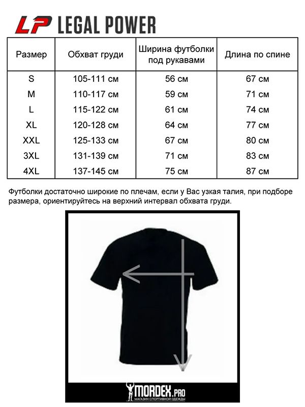 Таблица размеров брюк с манжетами, шорт, футболок Legal Power