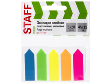 Закладки клейкие STAFF неоновый &quot;стрелки&quot;, 45x12 мм, 5 цветов x 20 листов, в пластиковой книжке, 111 111355