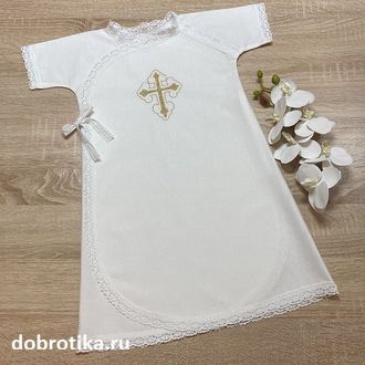 Тёплое или стандарт платье-рубашка для Крещения девочки: 100% хлопок, кружево, вышитый крестик (цвет на выбор), 0-3 мес., 3-6 мес., 6-12 мес., можно вышить любое имя