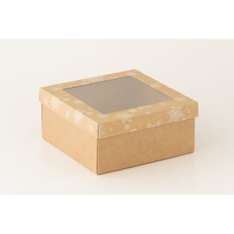 Коробка подарочная ВЫСОКАЯ 4П-В С ОКНОМ (15*15 высота 7 см), Крафт снежинки