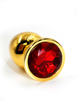 Золотая анальная пробка с ярко-красным кристаллом (Small)