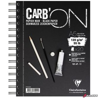 Скетчбук-тетрадь 20л. А5 на гребне Clairefontaine &quot;Carb&#039;ON&quot;, 120г/м2, мелкозерн., черный. 975042C