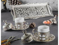 Набор для кофе в восточном стиле на 2 персоны, декор "Четырехлистник, серебро", Турция