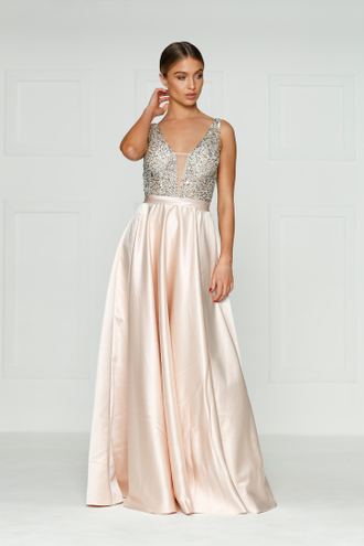 Вечернее платье со сверкающим верхом и атласной юбкой цвета шампань "Бриллиант"
