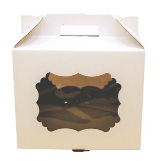 Коробка для торта с фигурным окном с РУЧКОЙ, 26*26*20 см Низкая, БЕЛАЯ