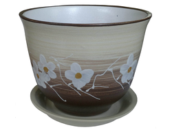 Бежевый с коричневым необычный цветочный горшок из керамики диаметр 16 см с рисунком цветок