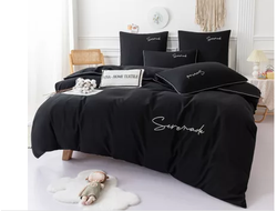 Однотонный сатин постельное белье цвет черный  с вышивкой 1.5 спальный размер