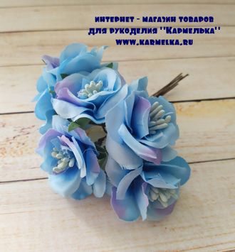 Цветы №12-2, диаметра цветка 3,5-4см, в букете 6 цветочков, шелк сырец, цвет голубой, 52р/букет