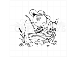 Штамп с изображением рыбачка в лодочке с собакой